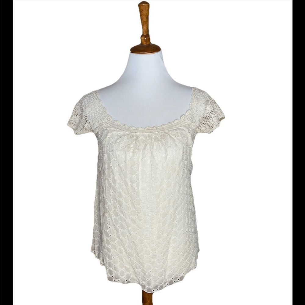 Odille Anthropologie Shirt Top Silk Cotton Cream Knitted Crochet Sleeves Size S